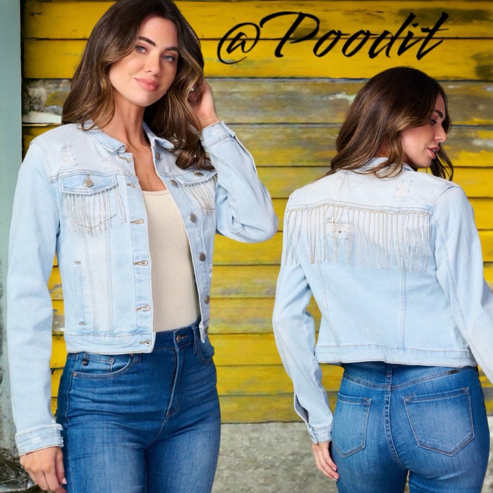Light Wash Denim Jacket with Fringe Embellishment -